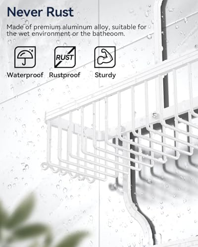 YASONIC Never-Rust Aluminum Hanging Shower Caddy – Over-the-Showerhead Organizer with 10 Hooks for Razor and Sponge – Includes Soap Basket – White - color: White