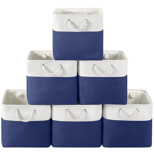 13 x 13 Inch Cube Storage Bins, 6 Pack Fabric Storage Basket with Handles, Foldable Boxes Organizer for Shelf Baskets for Home, Clothes (White/Blue) - color: WhiteBlue, size: 13inX13inX13in-6P