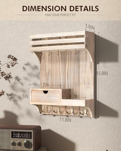 Rebee Vision Decorative Key Holder Wall Mount with Mini Drawer Organizer - Farmhouse Key Holder for Wall with Mail Organizer & 9 Key Hooks - Ideal Room Decor Aesthetic (Natural Wood) - color: Natural Wood, style: Small Drawer