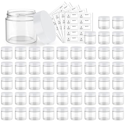 50 Pack 2 OZ Plastic Jars Round Clear Cosmetic Container Jar with White Lids, Eternal Moment Plastic Slime Jars for Lotion, Cream, Ointments, Makeup, Eye shadow, Rhinestone, Samples, Travel Storage - color: White Lid, size: 2 Ounce