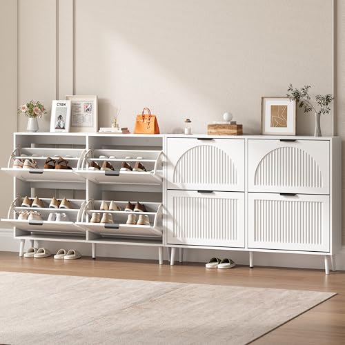 BORNOON Shoe Cabinet for Entryway with 4 Flip Drawers, Slim Wooden Shoe Storage Organizer with Modern Fluted Pannel，Freestanding Narrow Hidden Shoe Rack for Hallway, Foyer, Living Room - color: White, size: 4 Flip Drawers