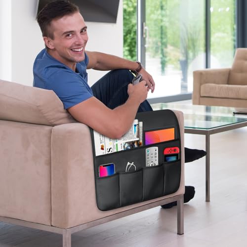 TV Remote Control Holder Couch Caddy, Non-slip Bedside Caddy Organizer with 5 Pockets for Key Glasses Phone Magazine Holders (Black, 35''x18'') - color: Black, size: 35''x18''