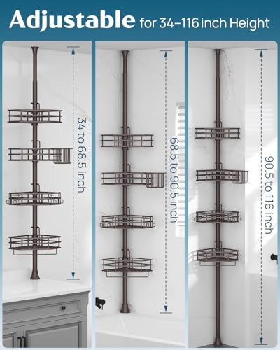 SEIRIONE Corner Shower Caddy Tension Pole, Quick Setup, Rust-Free Bathroom Shower Organizer Corner for Bathtub Shampoo Storage, 4-Tier Adjustable Shelf, Drill Free, Fits 34 to 116 Inch Height, Bronze - color: Bronze