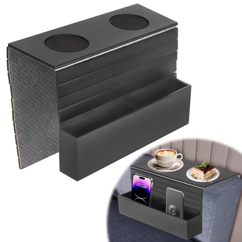 Couch Cup Holder Tray,Sofa Armrest Organizer with Cup Holder, No-Slip Couch Caddy with 2 Side Storage Pockets,Foldable Table Tray,Sofa Table Organizer for Drinks,Cellphone,Remote Control