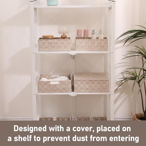 Storage Bins Woven Organizer with Lids Set of 8 – Polypropylene Storage Baskets with Metal Frame, Stackable Fabric Boxes for Drawers, Closet, Shelf, Nursery and Office, Beige - color: Beige, size: 8PCS-with lid