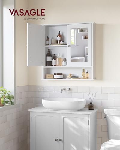 VASAGLE Bathroom Cabinet with Mirror, Wall Cabinet with 2 Mirrored Doors, Adjustable Shelf, Open Compartment, Wall-Mounted, 5.1 x 22.2 x 23 Inches, White ULHC002 - color: White, size: 5.1"D x 22.2"W x 23"H