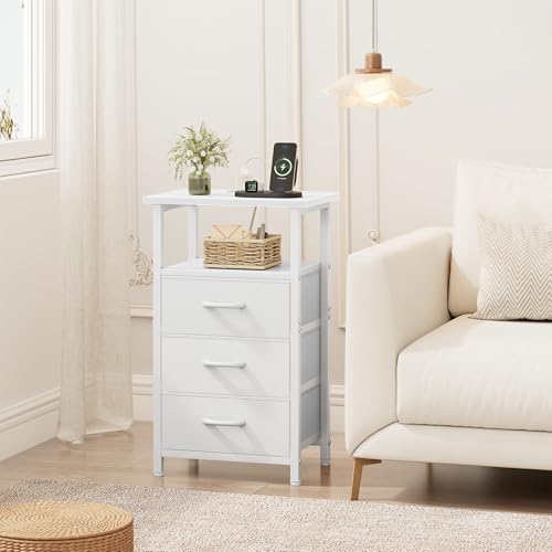 Vagusicc Nightstand Set of 2 with Charging Station, Bedside Table with USB Ports and Outlet, End Table Side Table with 2 Fabric Drawers and Storage Shelf, Bed Side Table Night Stand for Bedroom, White - color: White, size: 2 Pieces, style: Ordinary