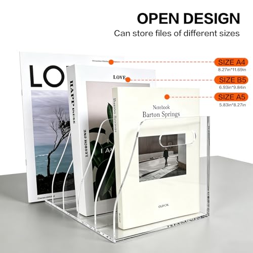 Acrylic Magazine File Holder, 5 Vertical Compartments Desk Document Sorter Organizer, Clear Bookend File Sorter Holder for Office, Documents, Tablets, Magazines, Books - size: B5 File Rack (5 slots)
