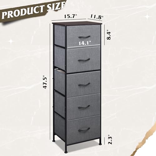 WLIVE Fabric Dresser, 5-Drawer Tall Dressers for Bedroom, Storage Dresser Organizer with Fabric Bins, Wood Top, Sturdy Steel Frame, Chest of Drawers for Closet, Hallway, Dark Grey - color: Dark Grey