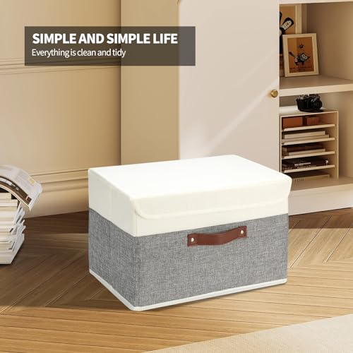SAMORADREA 8 Pack Storage Bins Foldable Storage Boxes Fabric Storage Box with Lid & Handle Large Washable Organizer Bulk for Office, Home, Books, Clothes, Bedroom, Closet, (15INx10INx10IN White/Grey)