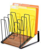 HULISEN Inclined Desk File Organizer, 5-Section Vertical File Folder Holder Stand, Metal File Sorter Rack with Wooden Base, Desktop File Organizer for Office Classroom Home Workspace