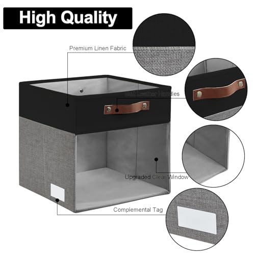 Bagnizer Storage Cubes, 4 Pack Linen Foldable Storage Bins (13 x 13 inch) with Clear Window and Handles, Fabric Organizer for Shelf Closet, Clothes, Books - (Gray and Black) - color: Gray / Black, size: 13 x 13 x 13
