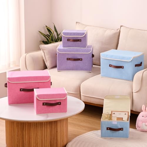 2PCS Storage Boxes with Lid Cotton Linen Fabric Storage Bins Organizer Container Decorative Collapsible Washable Shelf Closet Baskets Faux Leather Handles Home Bedroom (Pink, Small) - color: Pink, size: Small (Set of 2)