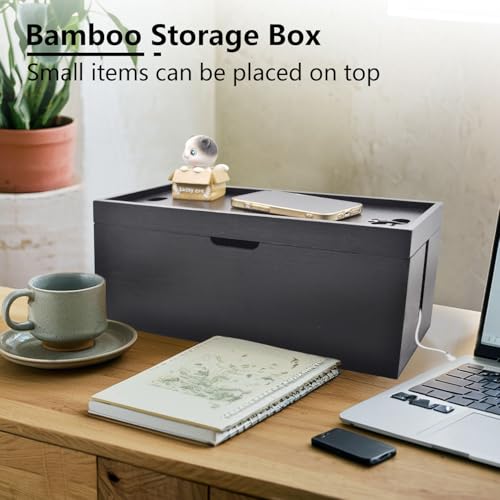 15 inch Bamboo Large Cable Management Box, Cable Box Organizer Cord Box Hider - Power Strip Box Hider Cable Storage Box for Office, TV Wires, Desk Cord Organizer, No Assembley Required, Bamboo (Black) - color: Black