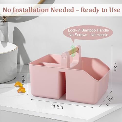 rejomiik Portable Shower Caddy Basket with Bamboo Handle, Plastic Cleaning Caddy Bathroom Organizer Tote for College Dorm Essentials, Bath Toy Storage, Pink - color: Pink