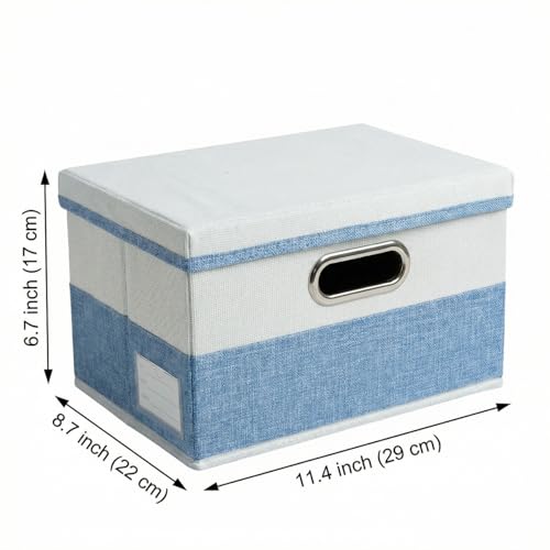PRANDOM Storage Bins with Lids [3-Pack] Linen Fabric Foldable Storage Boxes Organizer Containers Baskets Cube with Cover for Bedroom Closet Office Blue&White（11.4X8.6X6.7 - color: Blue&Cream, size: S(3-Pack)