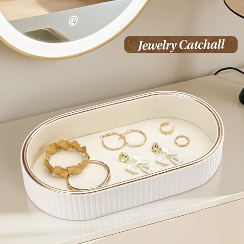 GORESE Oval Vanity Tray Perfume Organizer, PU Leather Valet Jewelry Trays Nightstand Organizer Key Bowl Trinket Dish for Entryway Dresser Bedside, Catchall Trays for Men Women, 11×5.9 in, Cream White - color: Cream White