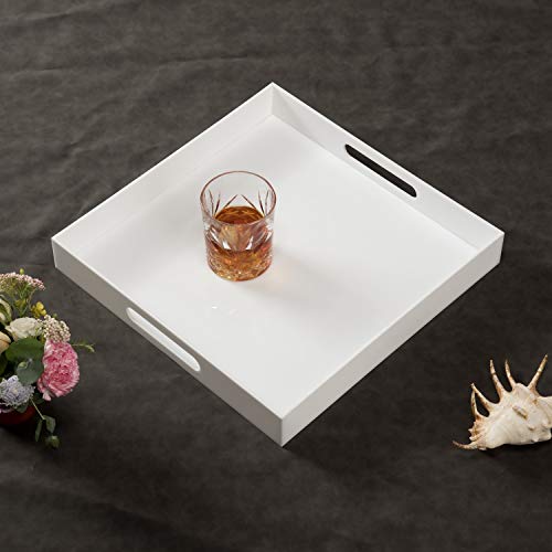 KEVLANG Glossy White Sturdy Acrylic Serving Tray with Handles-14x14Inch-Serving Coffee,Appetizer,Breakfast,Butler-Kitchen Countertop Tray-Makeup Drawer Organizer-Vanity Table-Ottoman Tray - color: Glossy White, size: 14" x 14" x 2"
