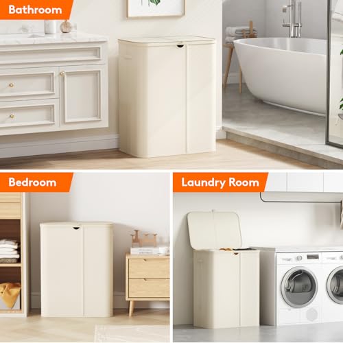 Lifewit 185L Large 3 Section Laundry Hamper with Lid, Plastic Laundry Basket with Bamboo Handles and Removable Bags, Tall Foldable Clothes Hamper for Bathroom Bedroom, White - color: White
