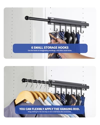 BaiNong 16.5" Valet Rod for Closet Pull Out With 6 Hooks Valet Rods for Closets (2Pack Black) Closet Valet Rod Slide Out - color: Black/2 Pack, size: 16.5 Inch