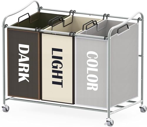 Simple Houseware Heavy Duty 3-Bag Laundry Sorter Rolling Cart, Silver/Assorted – Durable Triple Laundry Hamper with Removable Bags and Lockable Wheels for Laundry Room Organization - color: Silver/Assorted