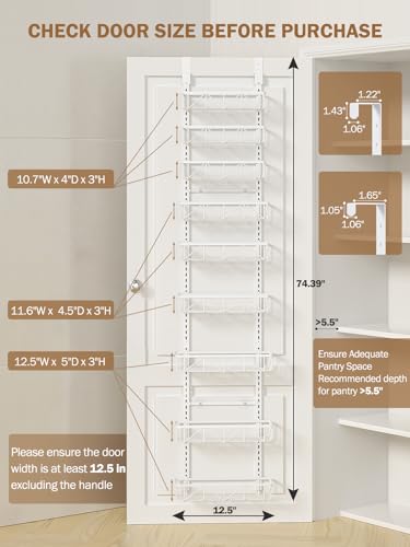 Delamu Narrow 9-Tier Over the Door Pantry Organizer, Adjustable Pantry Storage, Metal Hanging Spice Rack, Cabinet Door Organizer for Kitchen, Bathroom, Laundry Room, 12.5" White - color: White, size: 12.5"W 9-Tier