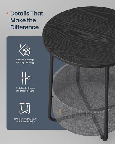 SONGMICS HOME Small Side Table, Round End Table, 2 Tier Nightstand with Basket, U Shaped Steel Legs, Easy Assembly, for Living Room, Bedroom, Black and Gray - color: Black + Gray, size: 1 pack