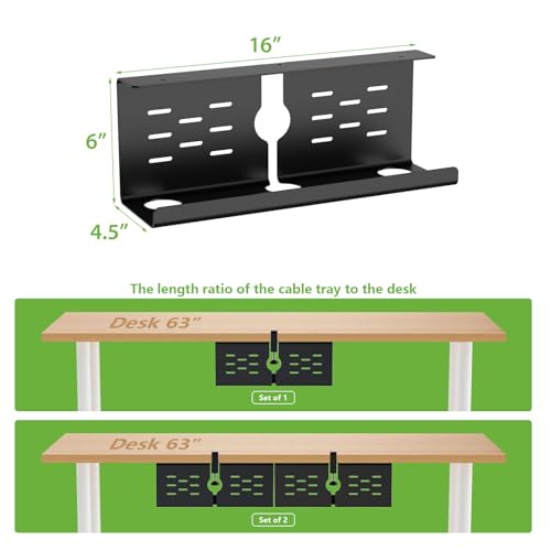 KEEGH 16'' Under Desk Cable Management Tray, No Drill Clamp/Screws Mount, Sturdy Metal Cable Tray for Place Power Strip, Cord Management Tray for Home Office, Gaming Desk, Standing Desk, 1 Pack, Black - color: Black, size: 1 Pack