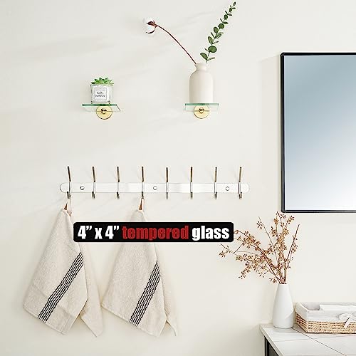 JQK Small Floating Glass Shelves Gold, 4 Inch Display Ledges for Wall, Mini Decor, Living Room Bedroom Bathroom, Tempered Glass Shower Storage, 2 Pack, TGS101L4-BG-P2 - color: Gold, size: 4 Inch (2 Pack)