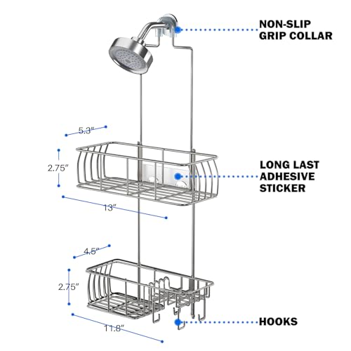 Epicano Anti-Swing Hanging Shower Caddy Stainless Steel 304, Over Head Shower Caddy Rustproof with hooks for Towels, Sponge and more, Chrome - color: Silver