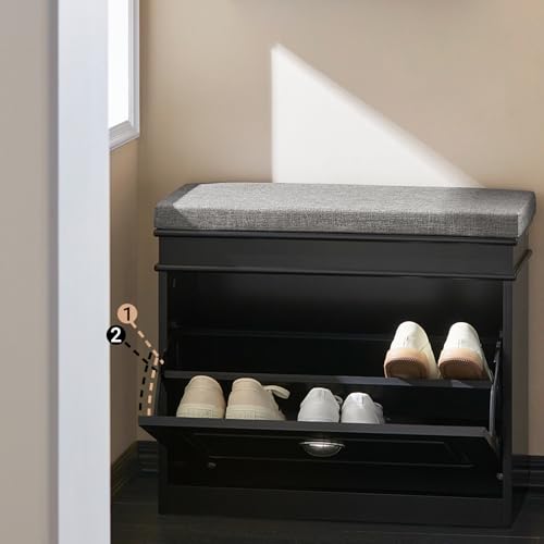 Haotian Black Hallway Shoe Bench, Narrow Shoe Rack Entryway, Small Shoe Cabinet with Flip-Drawer and Seat Cushion, FSR82-K-SCH - color: Black, size: 1 Drawer:24x9.4x20"