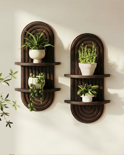 Bamworld Boho Wall Decor 2pcs Plant Wall Shelf, Mid Century Modern Decor Hanging Plant Shelf, 2-Tier Wooden Floating Shelves for Home, Bathroom Bedroom Living Room, Office Planter Decoration Walnut - color: Walnut, size: 16.7'' 2pcs