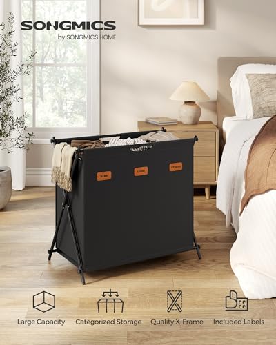 SONGMICS Laundry Hamper, Laundry Basket, 35.7 Gal. Laundry Sorter 3 Sections, Collapsible X-Frame, Clothes Organizer with Customizable Labels, Laundry Room, Bedroom, Bathroom, Ink Black ULCB130B01 - color: Ink Black, size: 135 L