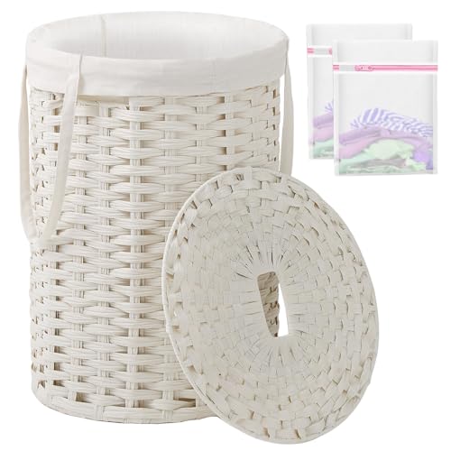 SETVSON Laundry Hamper with Lid Laundry Basket with Lid 19.0 Gal (72 L) Round Wicker Laundry Basket Handwoven Rattan Basket with Lid Removable Bag 2 Mesh Bags Handles for Living Room Bathroom White - color: White, size: 72L