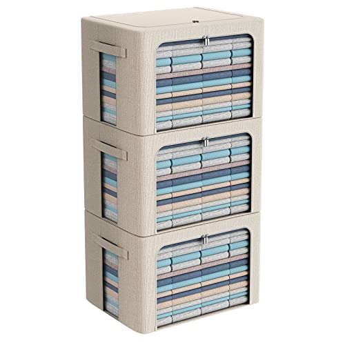 CYhom 3Pack Foldable Storage Bins - Frame Storage Box Linen Fabric Stackable Clothes Container Organizer with Clear Window & Carry Handles Large Capacity (Extra Large-100L, Beige) - color: Beige, size: Extra Large-100L