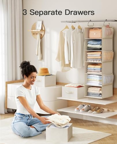 Pipishell Hanging Closet Organizer 6-Shelf, Hanging Shelves for Closet with 3 Removable Drawers & Side Pockets for Bedroom, Garment Rack and Wardrobe Organization, 12' x 12' x 43.3', White - color: White