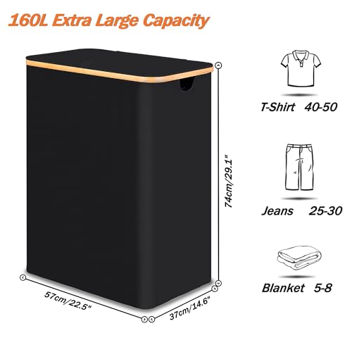 efluky Laundry Hamper with Lid, Trio Laundry Hamper with 3 Removable Bags, 3 Section Laundry Basket with Bamboo Handles for Bathroom, Bedroom & Laundry Room, 160L Black - color: Black, size: 160L Trio