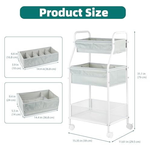 Moteph Rolling Utility Cart with Wheels, 3-Tier Diaper Cart, Rolling Nursery Cart & Baby Caddy Organizer for Nursery Essentials, Bedside/Postpartum Cart, Craft & Art Storage, Rolling Book Cart - size: WITHOUT_SIDE_STORAGE