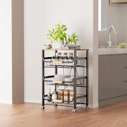 NiuYichee 4-Layer Fruit Basket Kitchen Food Organizer and Rack, Stackable Storage Cart with Desktop, Pull-Out Hollow Metal Basket, Sliding Out Storage (Black 4-Layer Rack) - color: Black 4-layer Rack