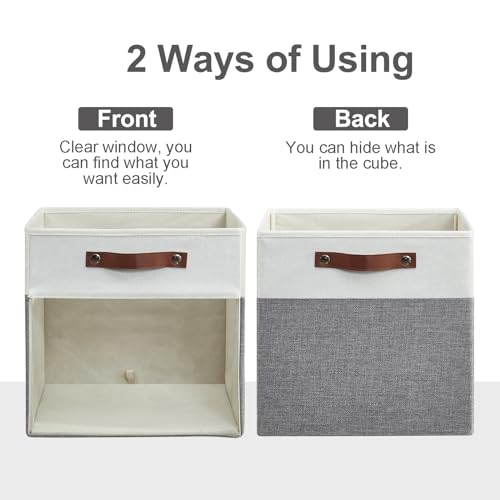 Bagnizer Storage Cubes, 4 Pack Linen Foldable Storage Bins with Clear Window and 2 Handles, 13x15x13 Storage Cube Bins for Shelf Closet, Kallax, Clothes, Books - (Gray and White) - color: Gray / Off-White, size: 13 x 15 x 13