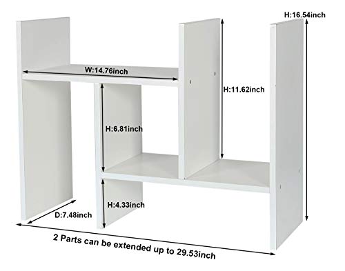 PAG Adjustable Desktop Shelf Wood Small Bookshelf Desk Supplies Organizers and Accessories Storage Display Rack Office Decor, White - color: White, size: Style 3