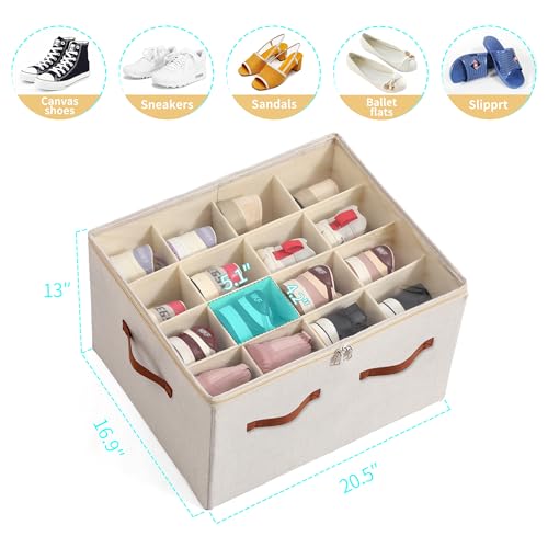 Shoe Organizer for Closet, Foldable Large Shoe Storage Box with Clear Cover, Removable Partitions and Bottom are Supported by Plastic Boards (Beige, 20.5“Lx16.9 Wx13'H) - color: Beige