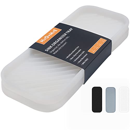 Silicone Organizer Tray, Soap and Sponge Holder for Kitchen Sink, Bathroom - Storage Tray for Dish Brush, Soap Dispenser, Dishwashing Accessories- 2 Pack (Clear) - color: Clear, size: 9.2 x 3.6 x 0.5 inches