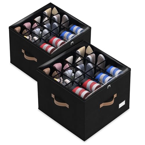 Vincona Shoe Organizer for Closet,2 Pack Shoe Storage Bins Foldable Shoe Storage Box Containers with Clear Cover and Sturdy Handles,Shoe Rack for Closet Storage for Sneakers Heels Slippers (Black) - color: Black, size: Large