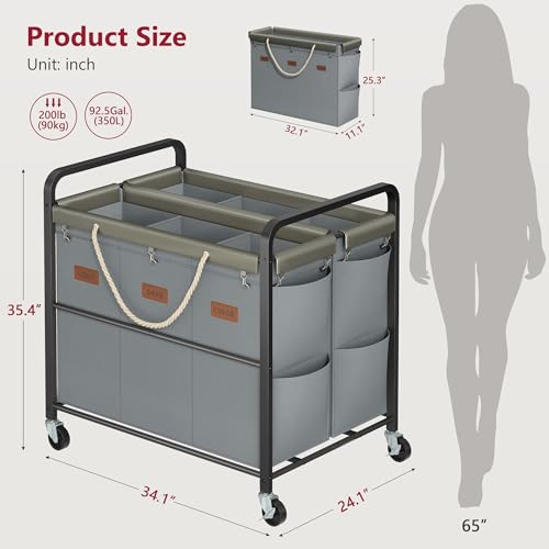 Tajsoon 350L Extra Large Laundry Cart 6 Section, Heavy Duty Laundry Sorter with Lockable Wheels, Laundry Basket with Sturdy Metal Frame, Leather Patchwork Laundry Separated with Removable Bags, Grey - color: Grey, size: 6 Bag 350L