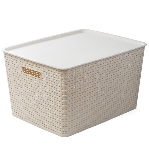 BINO | Plastic Storage Baskets with Lids, 45 Liter - 3 Pack, Natural | THE WOVEN COLLECTION | Storage Basket for Shelves | Woven Storage Baskets for Organizing Bins | Pantry Shelf Organizer Bin - color: Natural, size: 45L | 2-Pack