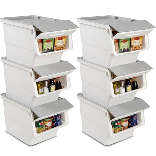 Giantex Plastic Stackable Storage Bins with Lids & Wheels, 6 Pack Open Front Stacking Bins, Organizer Bins for Pantry, Kitchen, Laundry, Closet, Playroom, Bedroom Organization (35 QT) - color: White + Gray, size: 6 Pack, 35 QT
