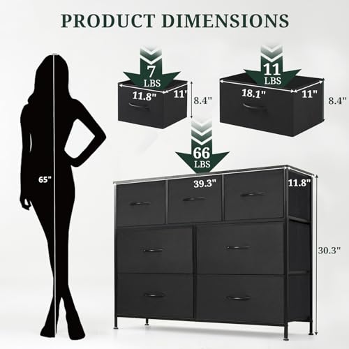 7-Drawer Dresser for Bedroom, Anti-Tip Wide Storage Organizer Fabric Chest of Drawers TV Stand for 45" TV with Wooden Top and Metal Frame for Closet, Living Room, Hallway, Entryway, Black - color: Black, size: 11.8"D x 39.3"W x 30.3"H (7 Drawers)
