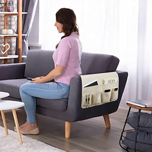 NB Sofa Armrest Organize Remote Holder Bedside Caddy Organizer With 5 Pockets，Non-Slip Couch Remote Control Holder Couch Armchair Caddy Accessories (Beige, 35''X18'') - color: Beige, size: 35''x18''
