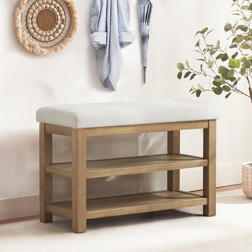 Zihanhome 2 Tier Shoe Rack Bench with Cushion, Solid Wood Shoe Benches, Mid-Century Modern Shoe Storage Bench for Entryway, Hallway, Living Room, Closet, Front Door Entrance, (Beige, 31.5") - color: Beige, size: 31.5"